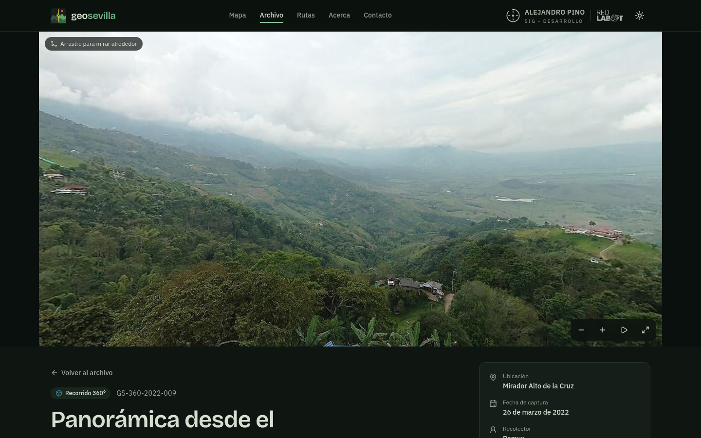 Ficha de una panorámica 360° del Mirador Alto de la Cruz con controles de zoom, reproducción y pantalla completa.